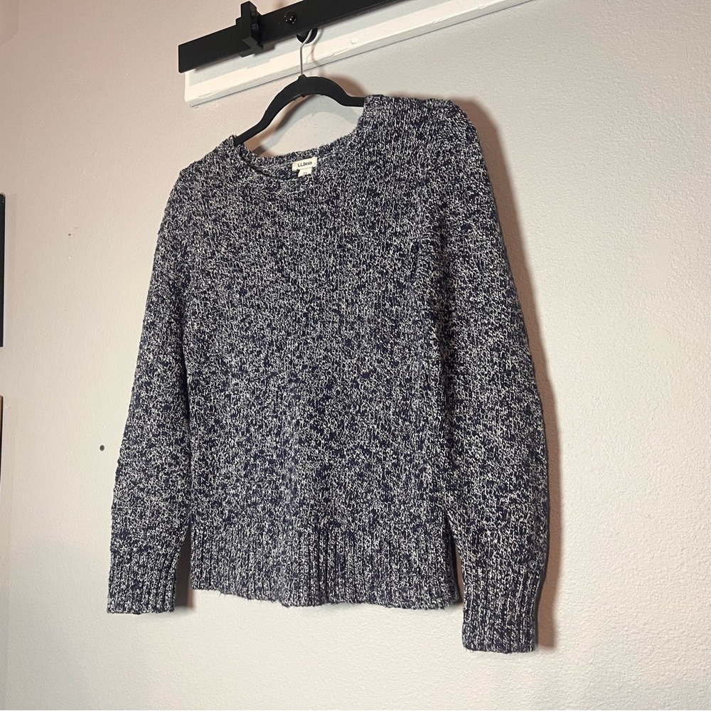 LL Bean Crewneck Knit Sweater Cotton Navy Blue White Marled Size XS Petite